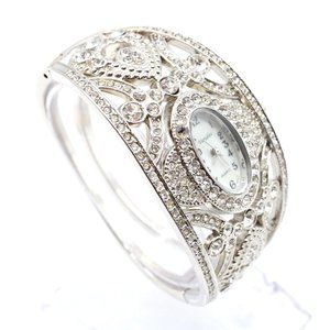 Vintage Varsales Watch Womens Rhinestones Elegant Metal Bangle Cuff Fashion